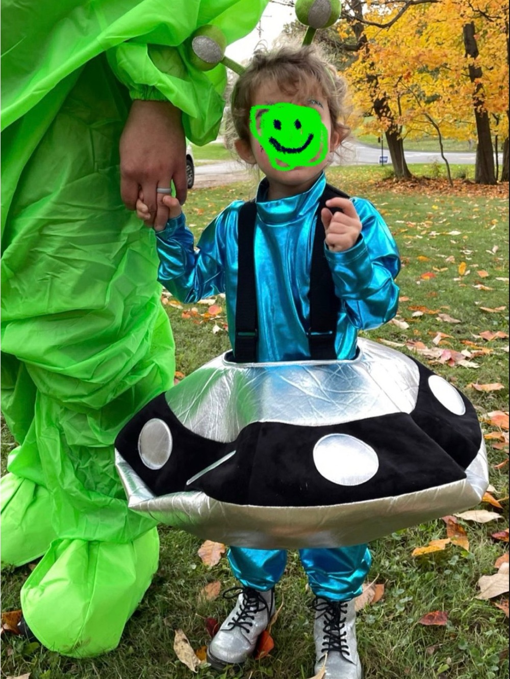 Hanna Andersson UFO costume on suspenders.